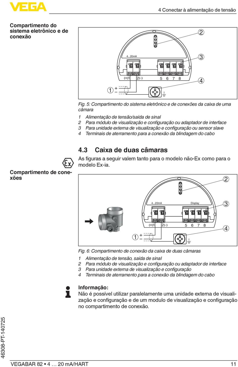 unidade externa de visualização e configuração ou sensor slave 4 Terminais de aterramento para a conexão da blindagem do cabo Compartimento de conexões 4.