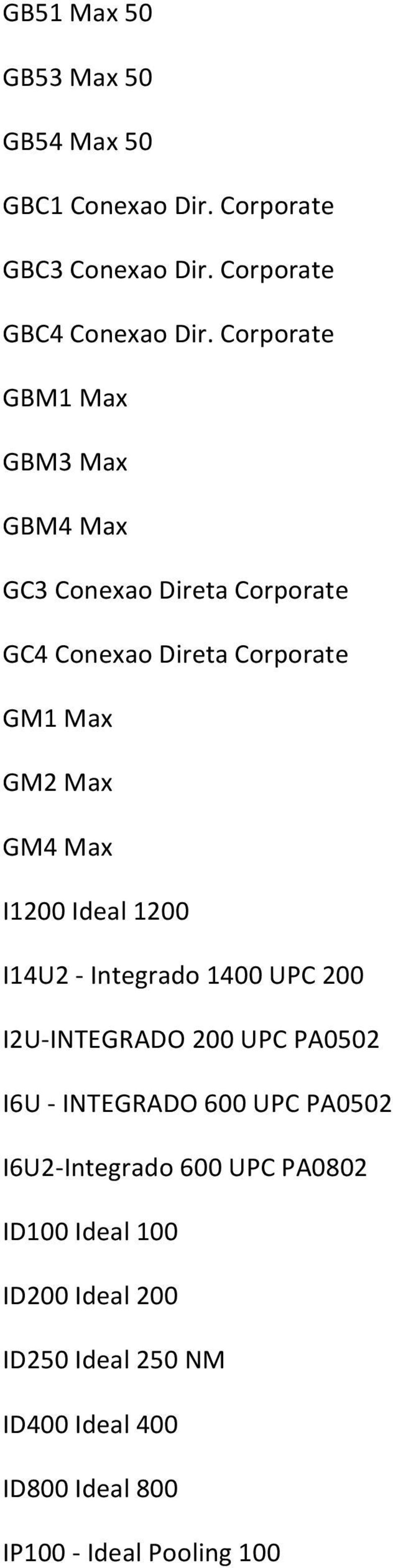 Max I1200 Ideal 1200 I14U2 Integrado 1400 UPC 200 I2U INTEGRADO 200 UPC PA0502 I6U INTEGRADO 600 UPC PA0502 I6U2