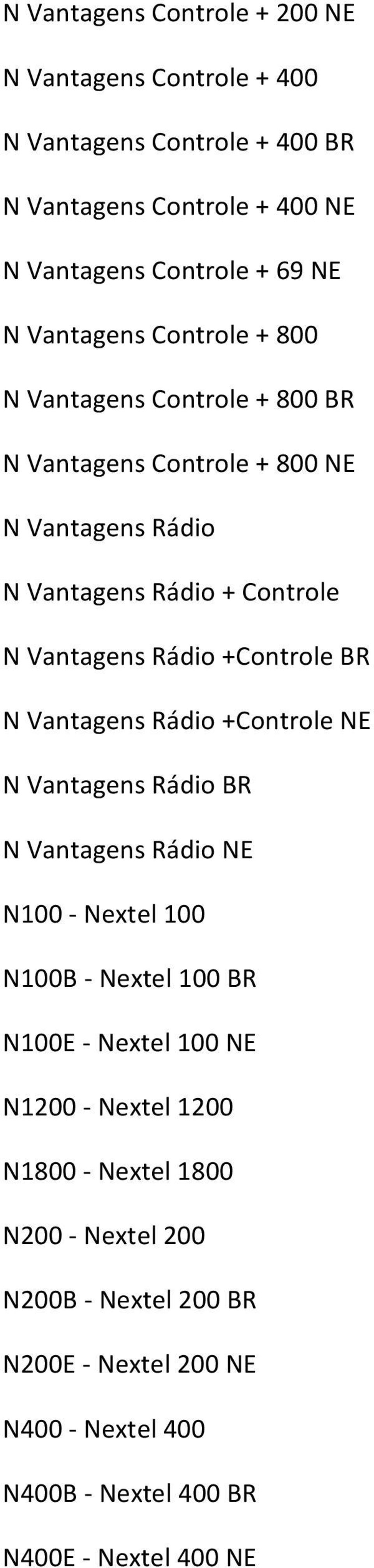 Rádio +Controle BR N Vantagens Rádio +Controle NE N Vantagens Rádio BR N Vantagens Rádio NE N100 Nextel 100 N100B Nextel 100 BR N100E Nextel 100