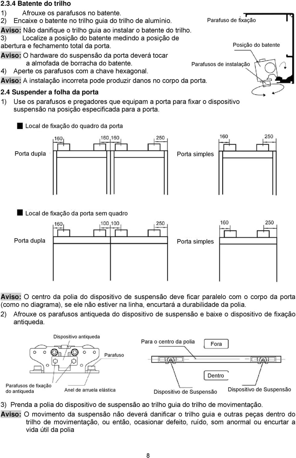 Posição do batente Aviso: O hardware do suspensão da porta deverá tocar a almofada de borracha do batente. Parafusos de instalação 4) Aperte os parafusos com a chave hexagonal.