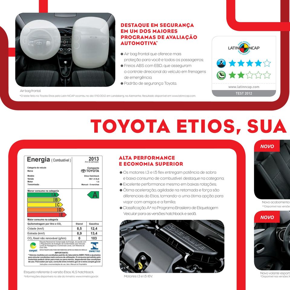 direcional do veículo em frenagens de emergência; Padrão de segurança Toyota. *O teste feito no Toyota Etios pelo Latin NCAP ocorreu no dia 17/10/2012 em Landsberg, na Alemanha.