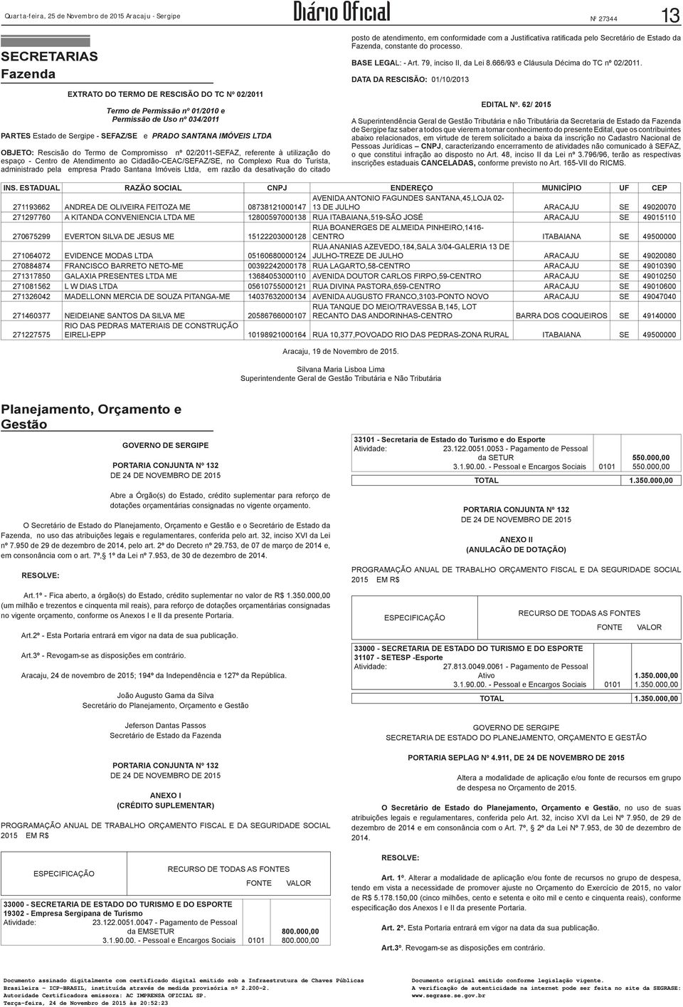 de Sergipe - SEFAZ/SE e PRADO SANTANA IMÓVEIS LTDA OBJETO: Rescisão do Termo de Compromisso nº 02/2011-SEFAZ, referente à utilização do espaço - Centro de Atendimento ao Cidadão-CEAC/SEFAZ/SE, no