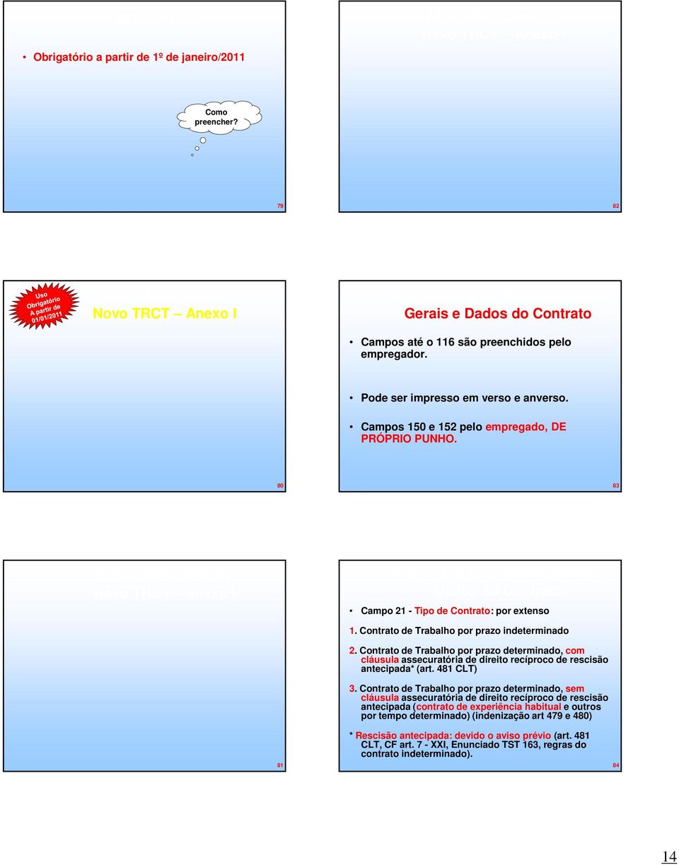 Campos 150 e 152 pelo empregado, DE PRÓPRIO PUNHO. 80 83 Novos Documentos Novo TRCT anexo I Instruções para Preenchimento Dados do Contrato Campo 21 - Tipo de Contrato: por extenso 81 1.