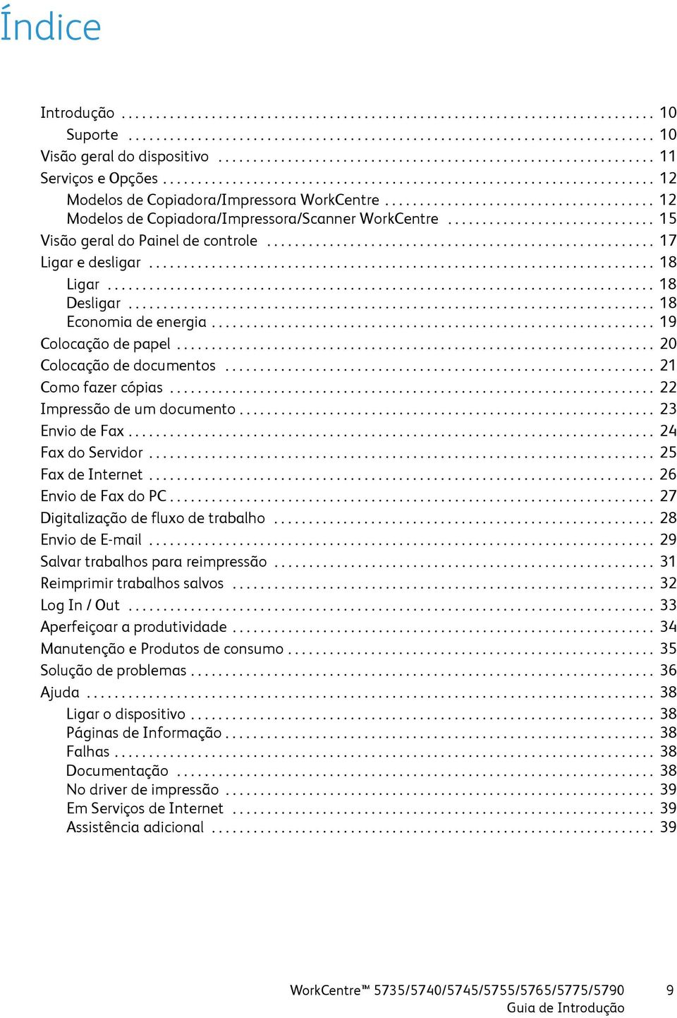 ...................................... 12 Modelos de Copiadora/Impressora/Scanner WorkCentre.............................. 15 Visão geral do Painel de controle........................................................ 17 Ligar e desligar.