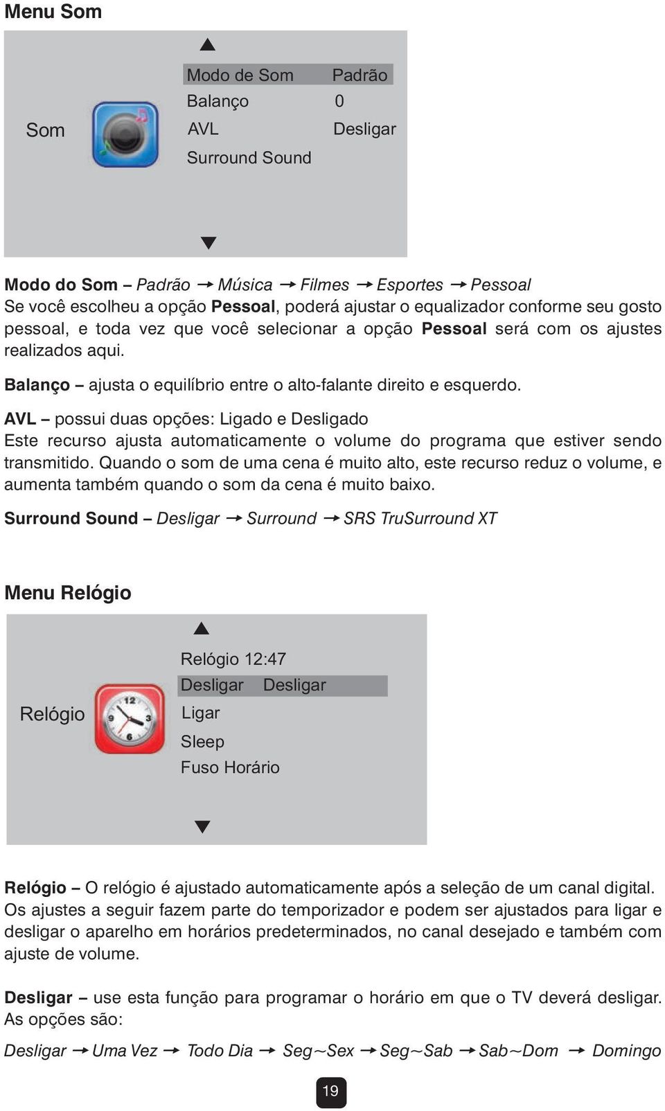 AVL possui duas opções: Ligado e Desligado Este recurso ajusta automaticamente o volume do programa que estiver sendo transmitido.