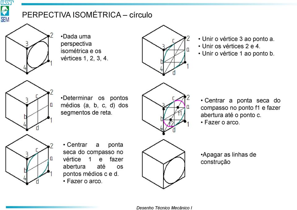 Determinar os pontos médios (a, b, c, d) dos segmentos de reta.