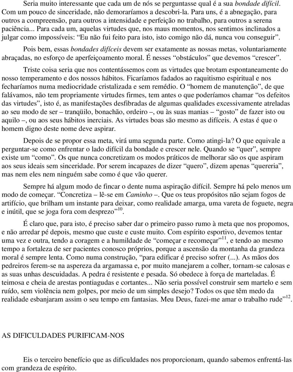 .. Para cada um, aquelas virtudes que, nos maus momentos, nos sentimos inclinados a julgar como impossíveis: Eu não fui feito para isto, isto comigo não dá, nunca vou conseguir.