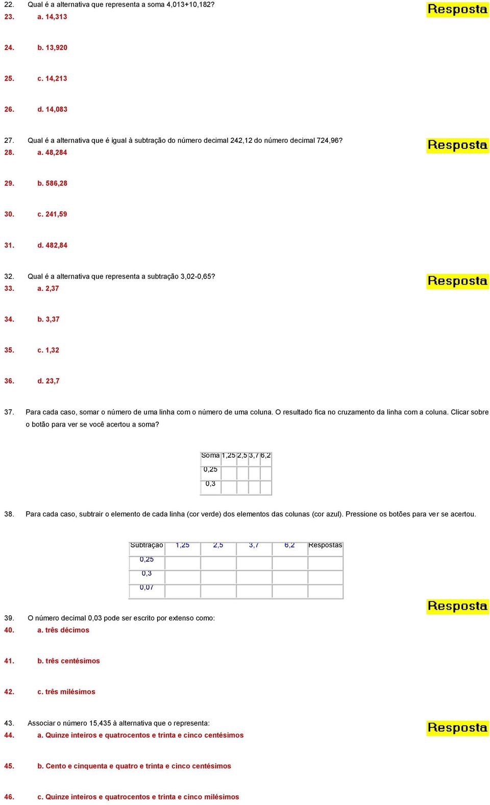 Qual é a alternativa que representa a subtração 3,02-0,65? 33. a. 2,37 34. b. 3,37 35. c. 1,32 36. d. 23,7 37. Para cada caso, somar o número de uma linha com o número de uma coluna.