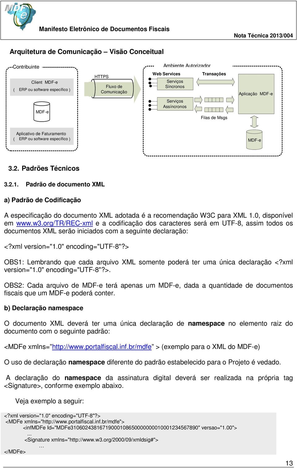 Padrão de documento XML a) Padrão de Codificação A especificação do documento XML adotada é a recomendação W3C para XML 1.0, disponível em www.w3.