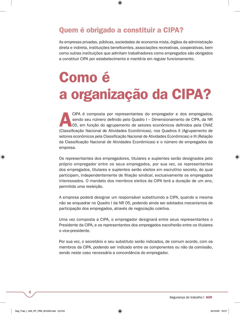 que admitam trabalhadores como empregados são obrigados a constituir CIPA por estabelecimento e mantê-la em regular funcionamento. Como é a organização da CIPA?