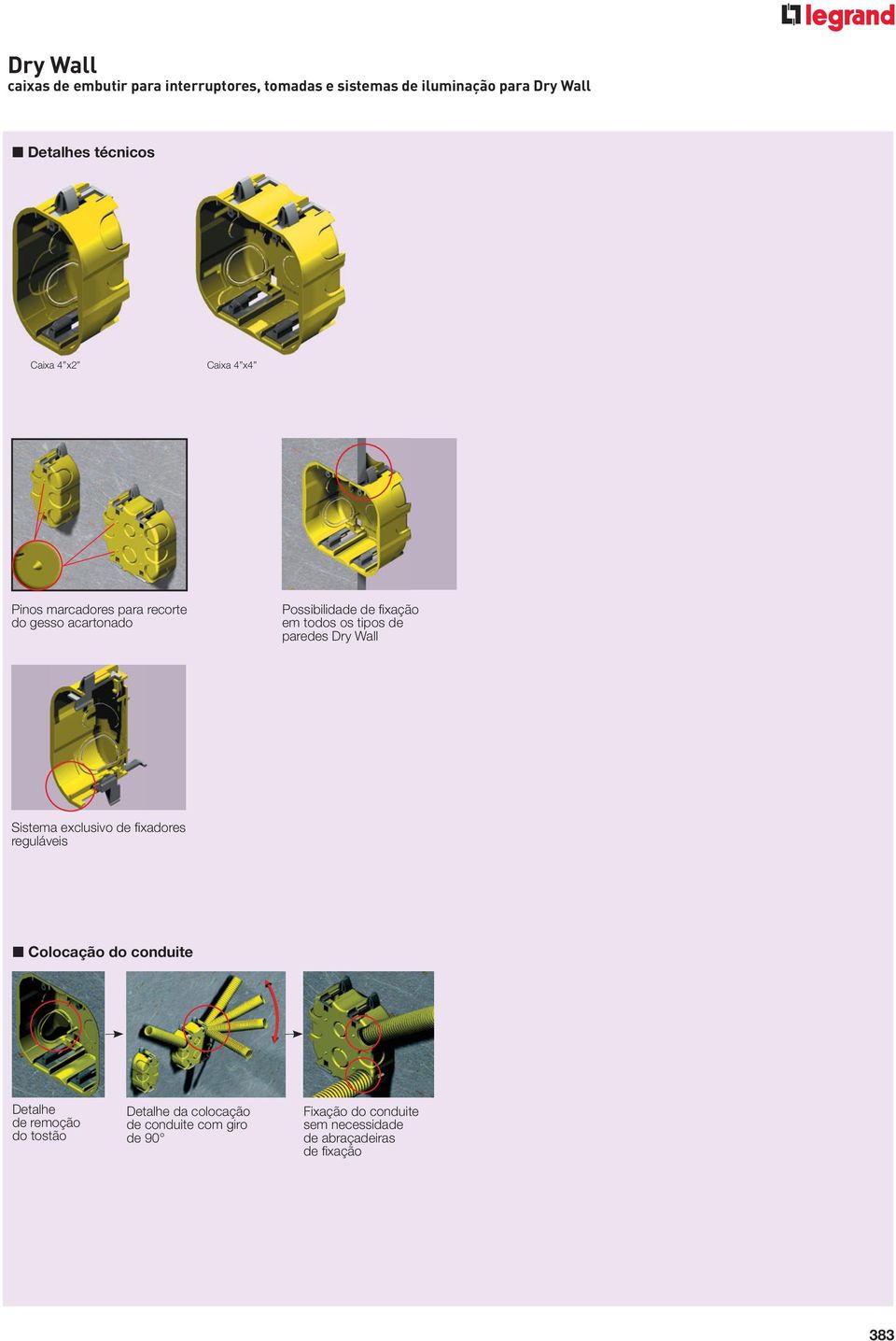 tipos de paredes Dry Wall Sistema exclusivo de fi xadores reguláveis Colocação do conduite Detalhe de remoção do