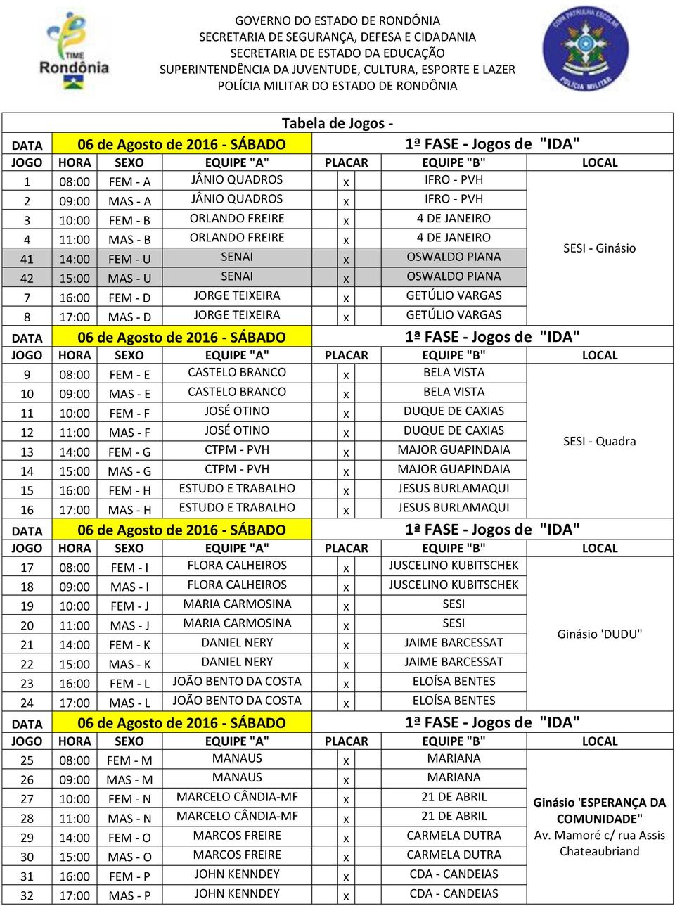 VISTA 10 09:00 MAS - E CASTELO BRANCO x BELA VISTA 11 10:00 FEM - F JOSÉ OTINO x DUQUE DE CAXIAS 12 11:00 MAS - F JOSÉ OTINO x DUQUE DE CAXIAS 13 14:00 FEM - G CTPM - PVH x MAJOR GUAPINDAIA 14 15:00