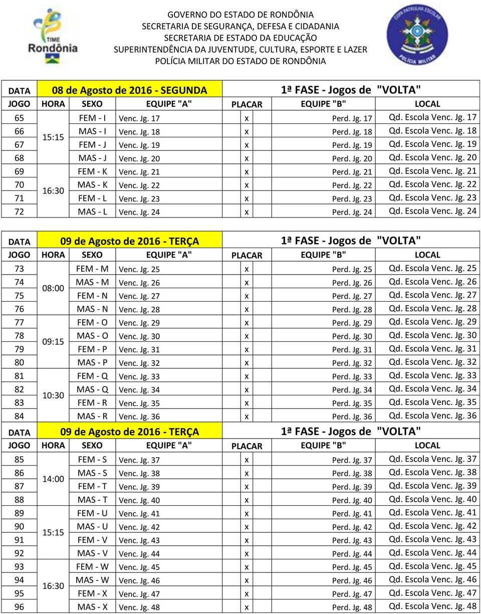 Jg. 22 Qd. Escola Venc. Jg. 22 16:30 71 FEM - L Venc. Jg. 23 x Perd. Jg. 23 Qd. Escola Venc. Jg. 23 72 MAS - L Venc. Jg. 24 x Perd. Jg. 24 Qd. Escola Venc. Jg. 24 DATA 09 de Agosto de 2016 - TERÇA 1ª FASE - Jogos de "VOLTA" 73 FEM - M Venc.