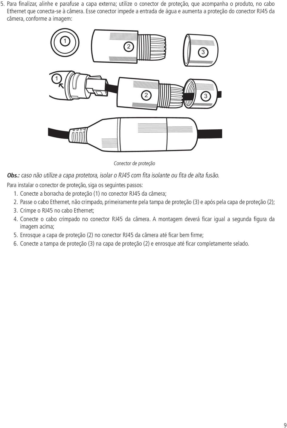 : caso não utilize a capa protetora, isolar o RJ45 com fita isolante ou fita de alta fusão. Para instalar o conector de proteção, siga os seguintes passos: 1.