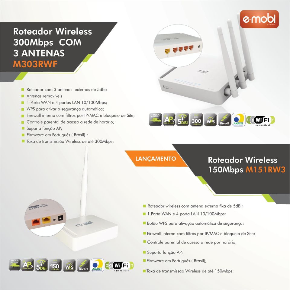 até 300Mbps; LANÇAMENTO Roteador Wireless 150Mbps M151RW3 Roteador wireless com antena externa fixa de 5dBi; 1 Porta WAN e 4 porta LAN 10/100Mbps; Botão WPS para ativação automática de