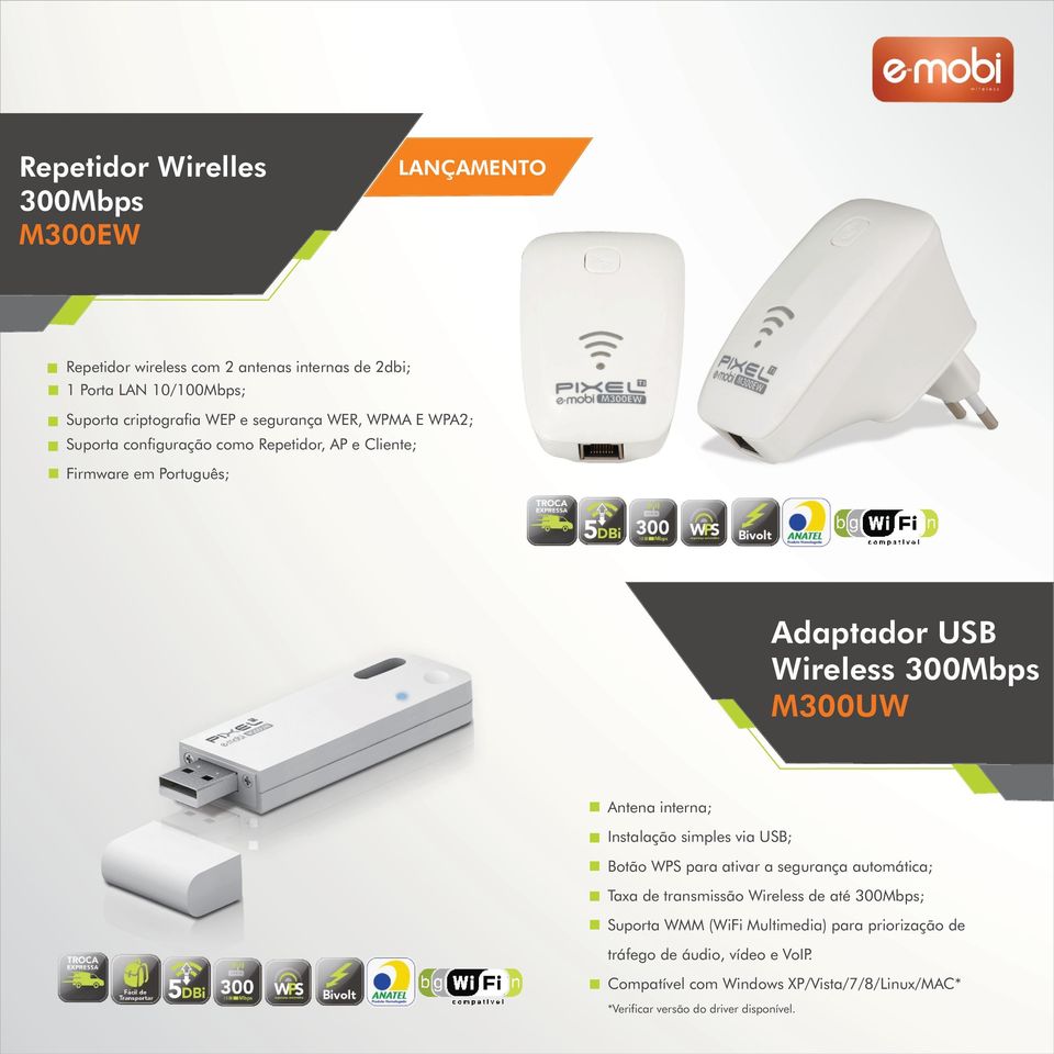 interna; Instalação simples via USB; Botão WPS para ativar a segurança automática; Taxa de transmissão Wireless de até 300Mbps; Suporta WMM (WiFi