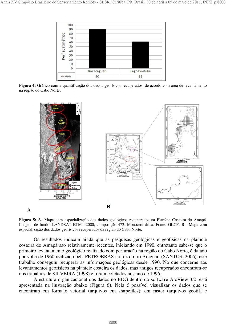 A Figura 5: A- Mapa com espacialização dos dados geológicos recuperados na Planície Costeira do Amapá. Imagem de fundo: LANDSAT ETM+ 2000, composição 472: Monocromática. Fonte: GLCF.