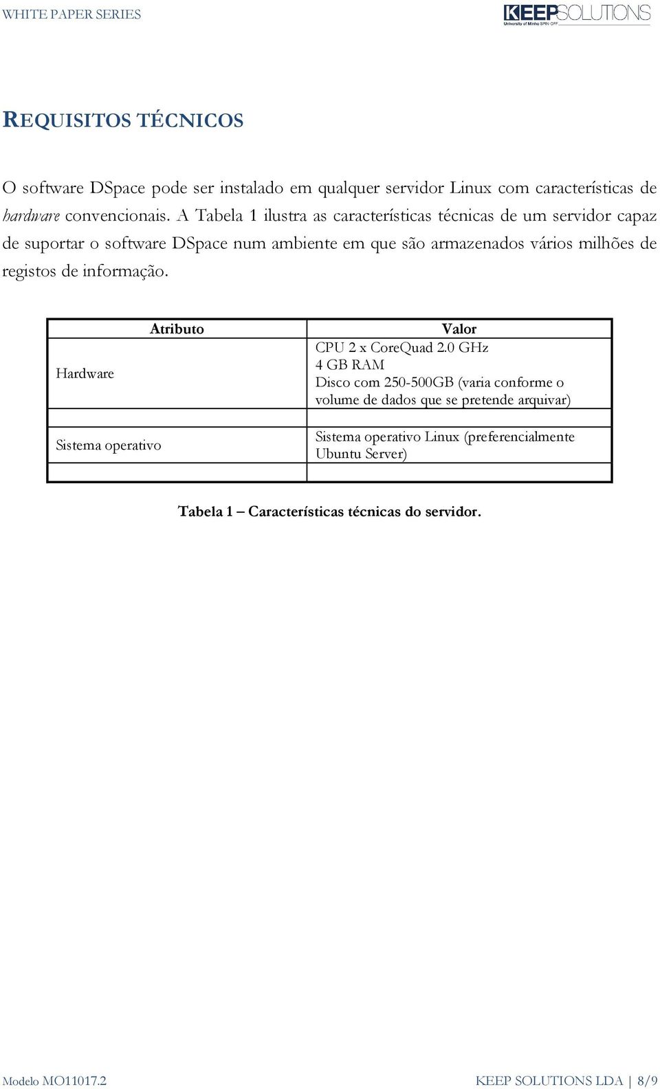 registos de informação. Hardware Atributo Valor CPU 2 x CoreQuad 2.