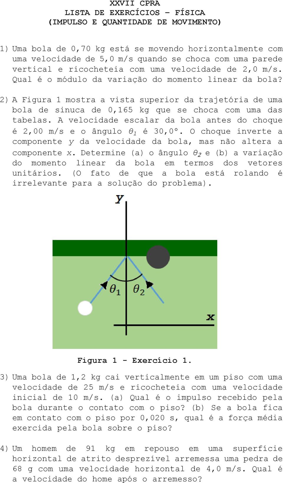 2) A Figura 1 mostra a vista superior da trajetória de uma bola de sinuca de 0,165 kg que se choca com uma das tabelas. A velocidade escalar da bola antes do choque é 2,00 m/s e o ângulo θ 1 é 30,0º.
