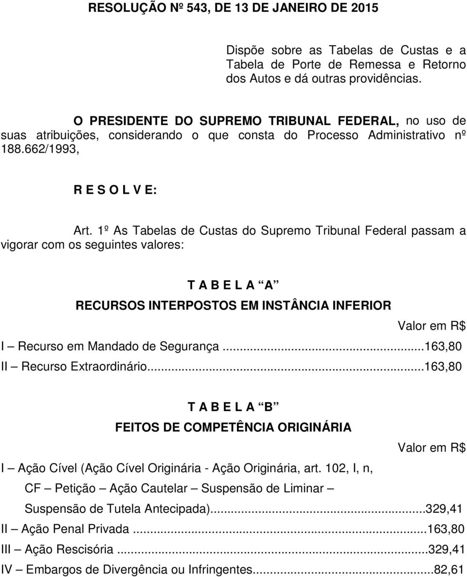 1º As Tabelas de Custas do Supremo Tribunal Federal passam a vigorar com os seguintes valores: T A B E L A A RECURSOS INTERPOSTOS EM INSTÂNCIA INFERIOR I Recurso em Mandado de Segurança.