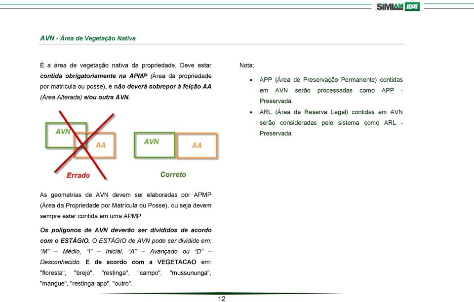 Nota: APP (Área de Preservação Permanente) contidas em AVN serão processadas como APP - Preservada. ARL (Área de Reserva Legal) contidas em AVN serão consideradas pelo sistema como ARL - Preservada.