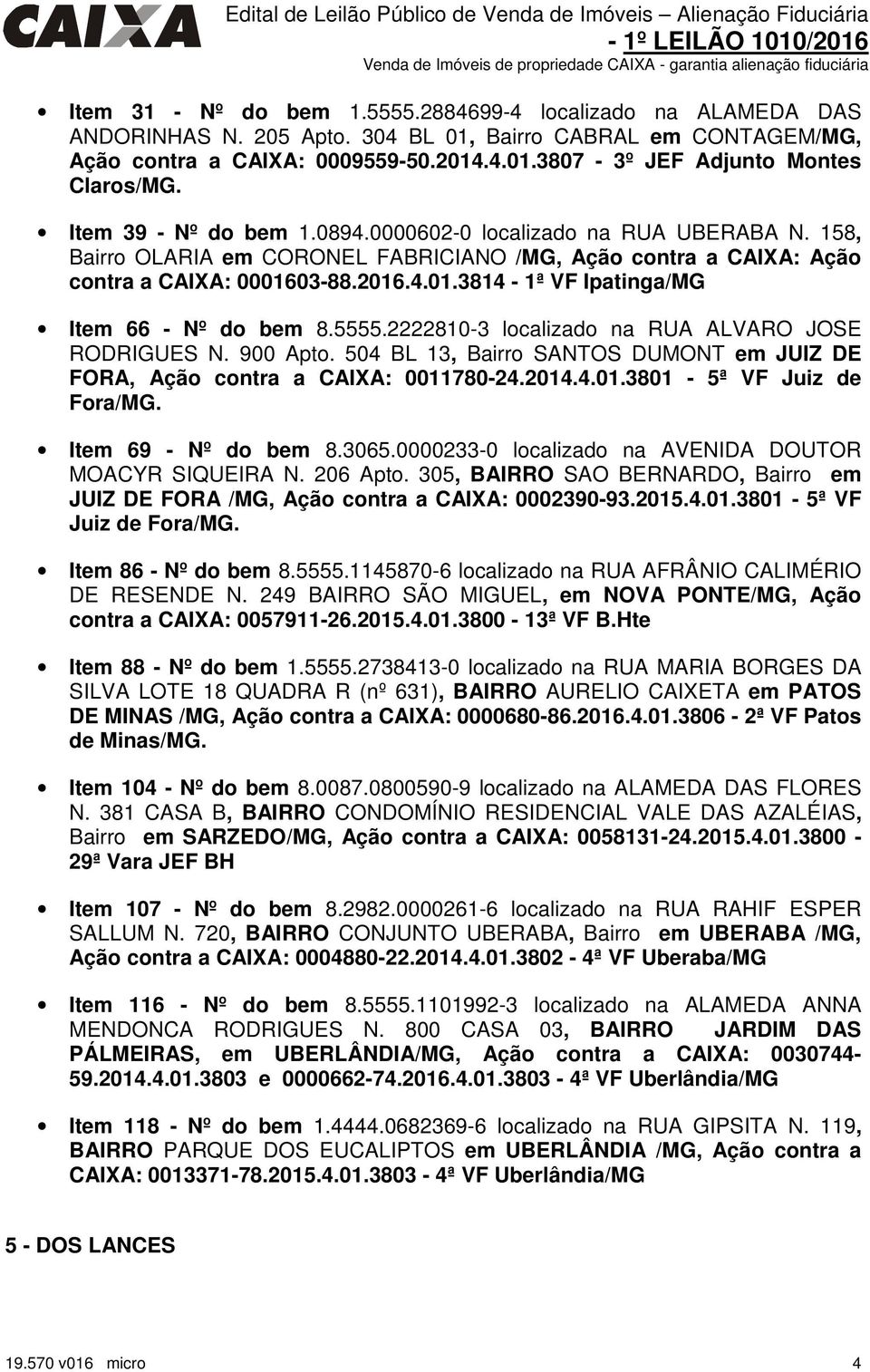 158, Bairro OLARIA em CORONEL FABRICIANO /MG, Ação contra a CAIXA: Ação contra a CAIXA: 0001603-88.2016.4.01.3814-1ª VF Ipatinga/MG Item 66 - Nº do bem 8.5555.