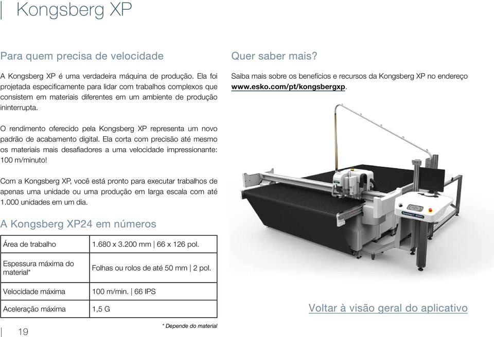 Saiba mais sobre os benefícios e recursos da Kongsberg XP no endereço www.esko.com/pt/kongsbergxp. O rendimento oferecido pela Kongsberg XP representa um novo padrão de acabamento digital.