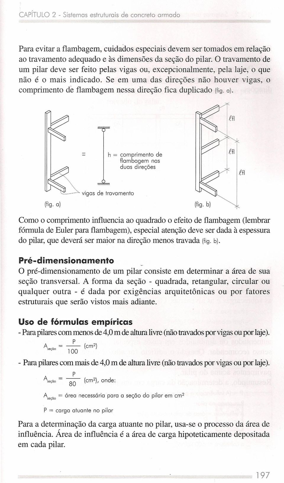 Se em uma das direções não houver vigas, o comprimento de flambagem nessa direção fica duplicado (fig. a). h = comprimento de flambagem nas duas direções (fig.