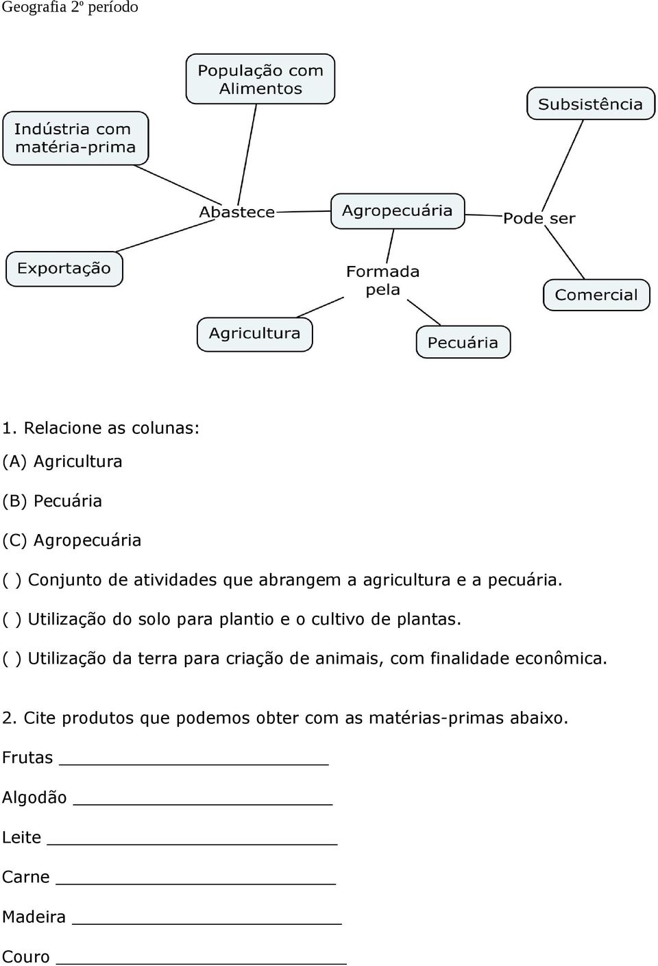 abrangem a agricultura e a pecuária. ( ) Utilização do solo para plantio e o cultivo de plantas.