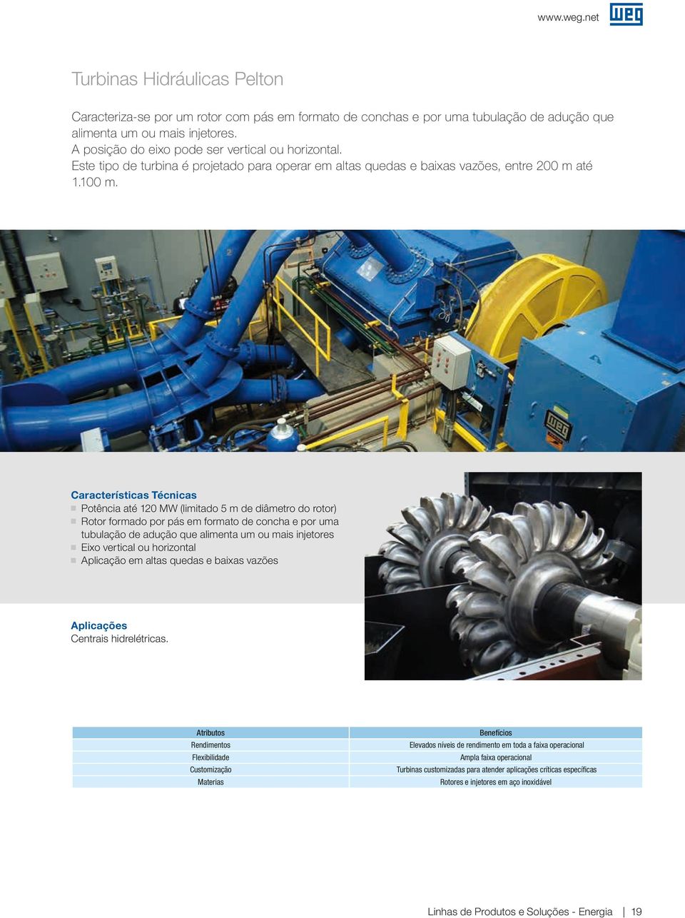 Características Técnicas Potência até 120 MW (limitado 5 m de diâmetro do rotor) J J Rotor formado por pás em formato de concha e por uma tubulação de adução que alimenta um ou mais injetores Eixo