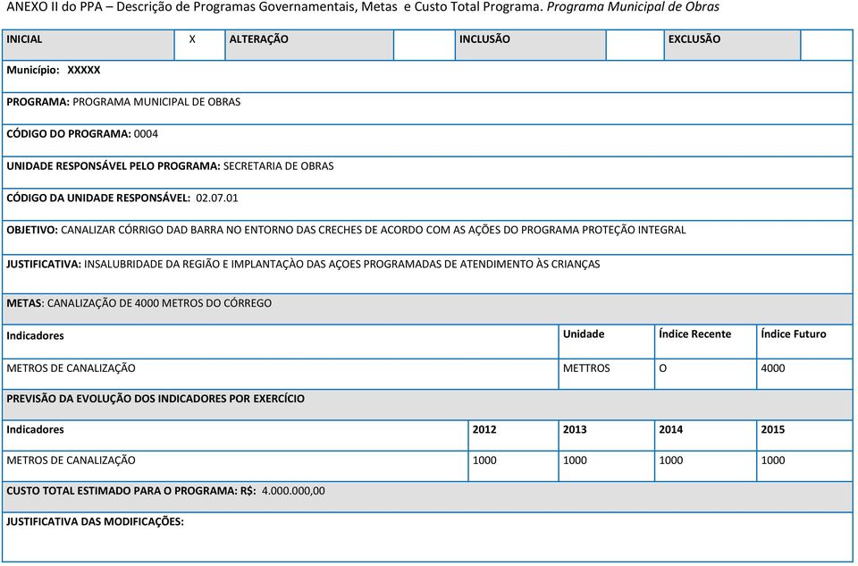 01 OBJETIVO: CANALIZAR CÓRRIGO DAD BARRA NO ENTORNO DAS CRECHES DE ACORDO COM AS AÇÕES DO PROGRAMA PROTEÇÃO INTEGRAL JUSTIFICATIVA: INSALUBRIDADE DA REGIÃO E IMPLANTAÇÀO DAS AÇOES PROGRAMADAS DE