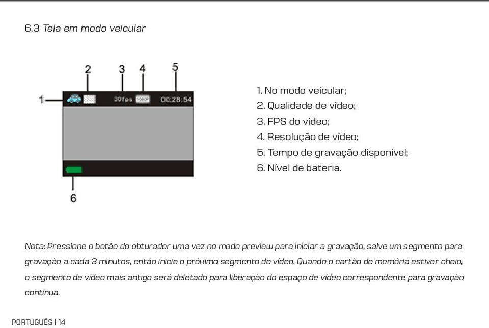 Nota: Pressione o botão do obturador uma vez no modo preview para iniciar a gravação, salve um segmento para gravação a cada 3