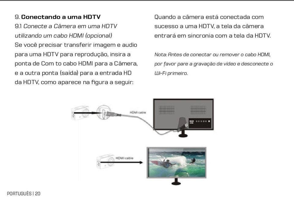 reprodução, insira a ponta de Com to cabo HDMI para a Câmera, e a outra ponta (saída) para a entrada HD da HDTV, como aparece na