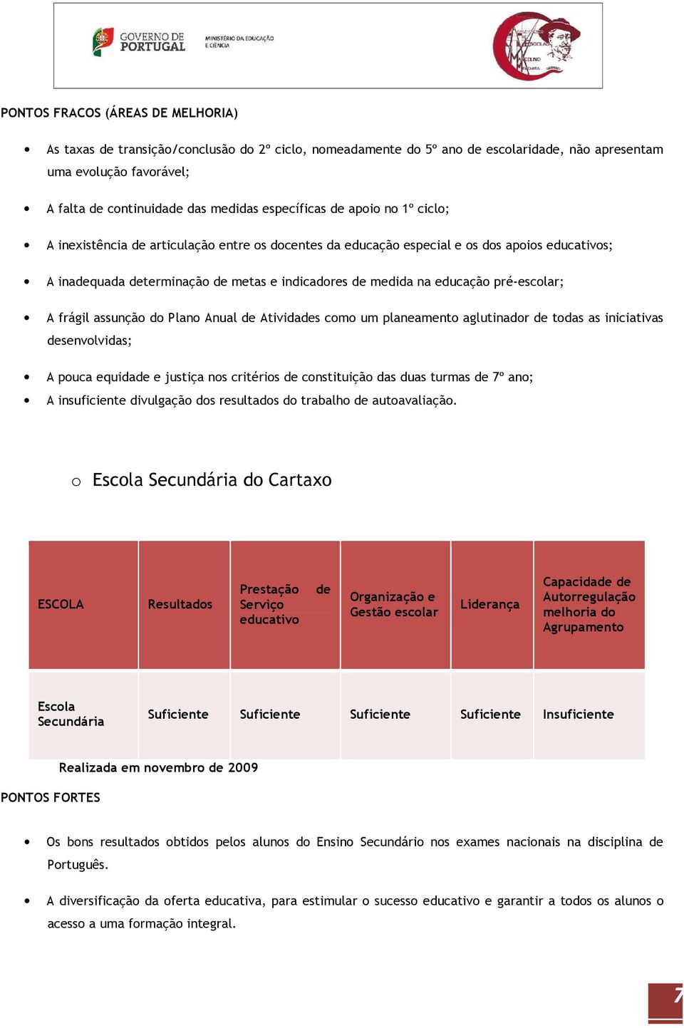 Plan Anual de Atividades cm um planeament aglutinadr de tdas as iniciativas desenvlvidas; A puca equidade e justiça ns critéris de cnstituiçã das duas turmas de 7º an; A insuficiente divulgaçã ds