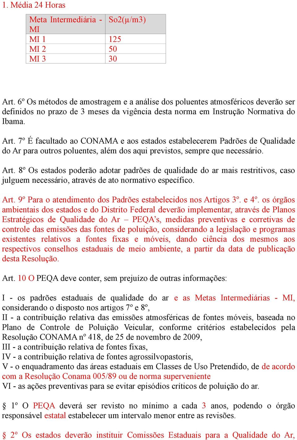 7º É facultado ao CONAMA e aos estados estabelecerem Padrões de Qualidade do Ar para outros poluentes, além dos aqui previstos, sempre que necessário. Art.