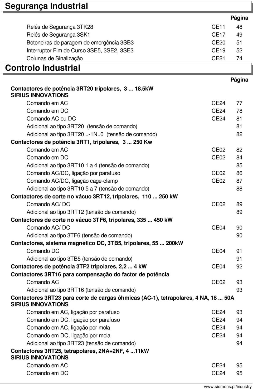 5kW SIRIUS INNOVATIONS Comando em AC CE24 77 Comando em DC CE24 78 Comando AC ou DC CE24 81 Adicional ao tipo 3RT20 (tensão de comando) 81 Adicional ao tipo 3RT20..-1N.
