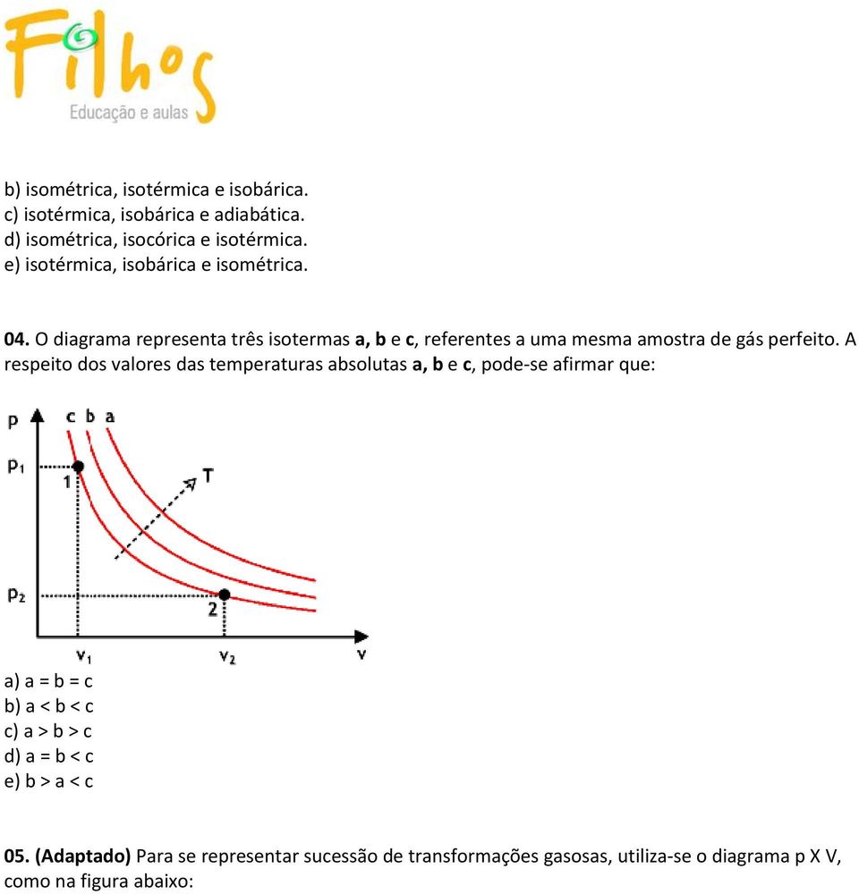 O diagrama representa três isotermas a, b e c, referentes a uma mesma amostra de gás perfeito.