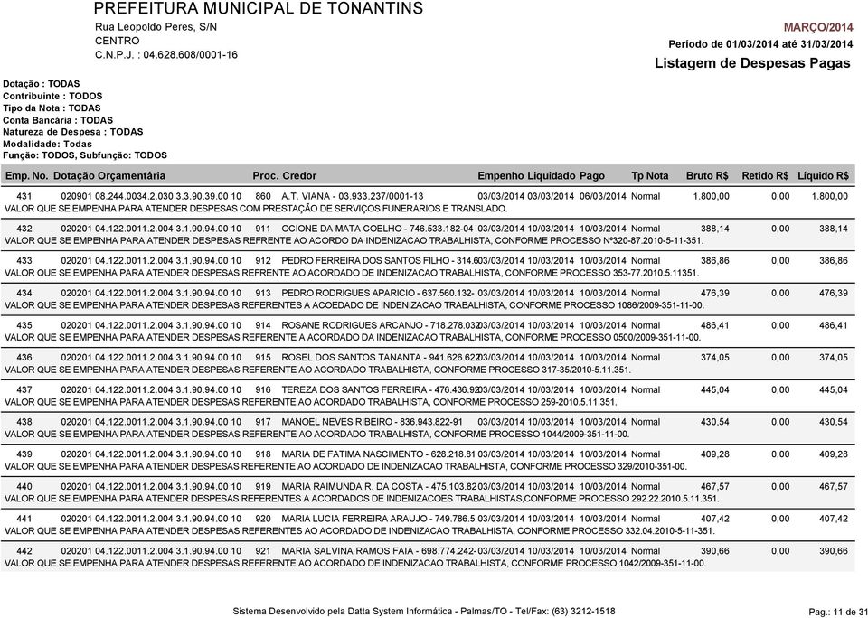 182-04 03/03/2014 10/03/2014 10/03/2014 Normal 388,14 VALOR QUE SE EMPENHA PARA ATENDER DESPESAS REFRENTE AO ACORDO DA INDENIZACAO TRABALHISTA, CONFORME PROCESSO Nº320-87.2010-5-11-351. 433 020201 04.