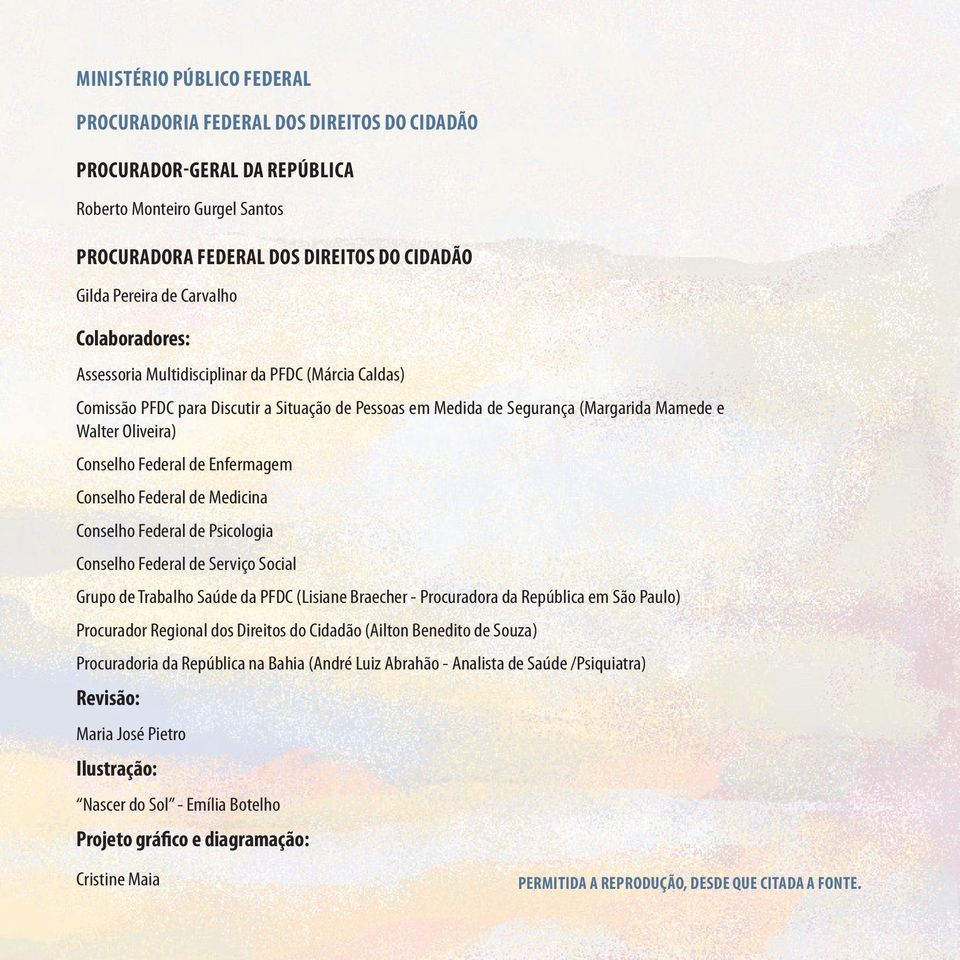 Federal de Enfermagem Conselho Federal de Medicina Conselho Federal de Psicologia Conselho Federal de Serviço Social Grupo de Trabalho Saúde da PFDC (Lisiane Braecher - Procuradora da República em