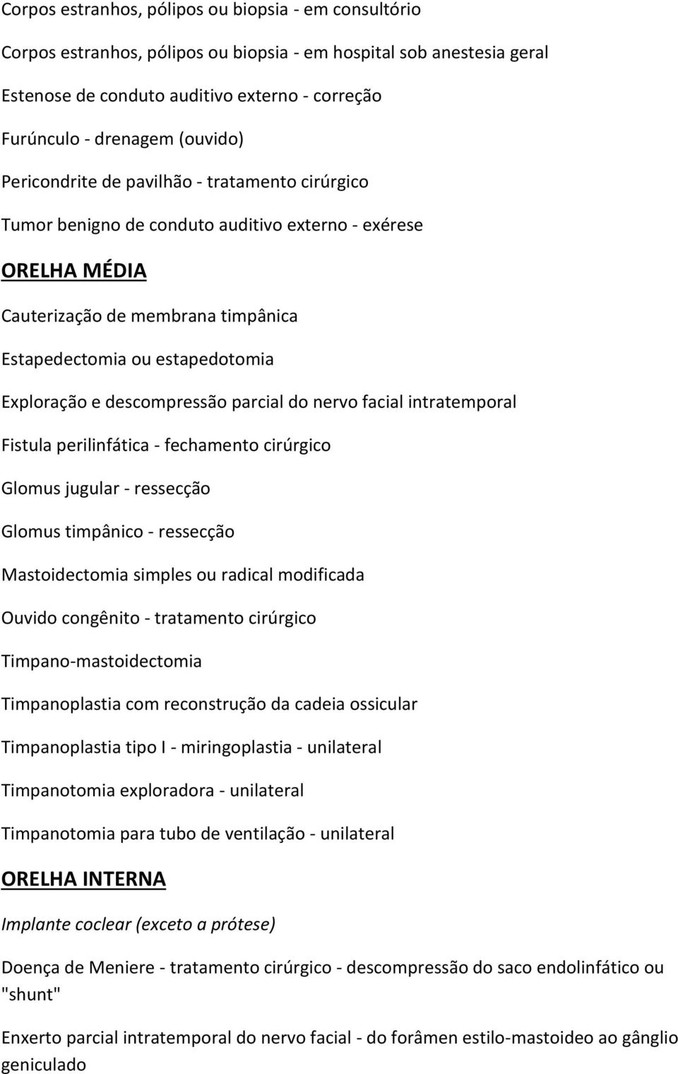 e descompressão parcial do nervo facial intratemporal Fistula perilinfática - fechamento cirúrgico Glomus jugular - ressecção Glomus timpânico - ressecção Mastoidectomia simples ou radical modificada