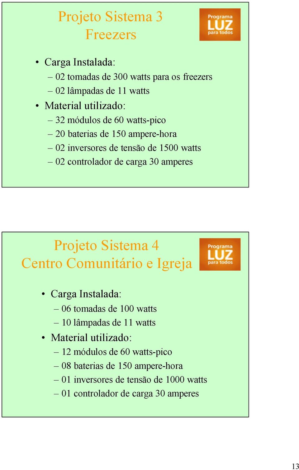 Projeto Sistema 4 Centro Comunitário e Igreja Carga Instalada: 06 tomadas de 100 watts 10 lâmpadas de 11 watts Material utilizado: