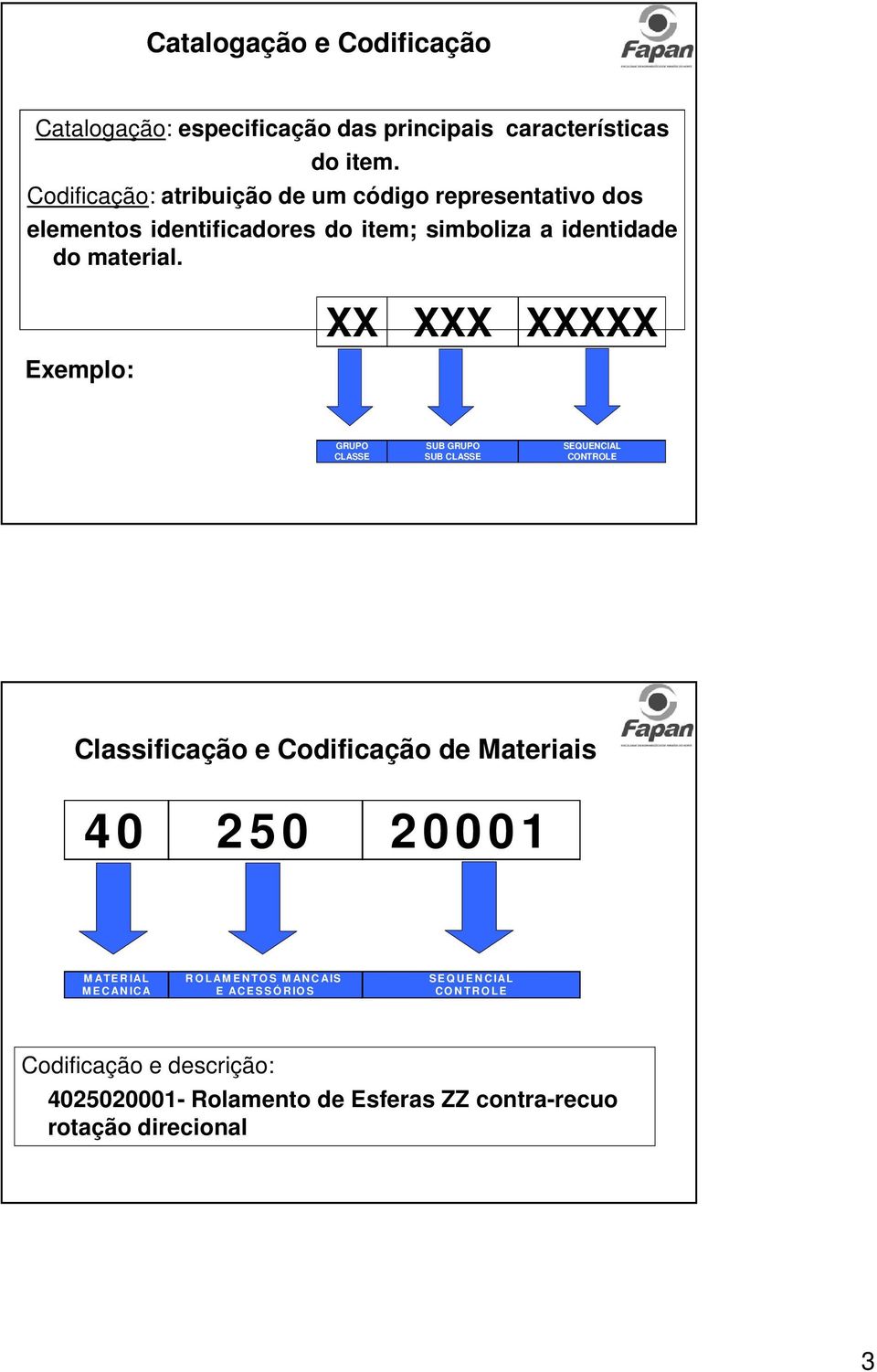 Exemplo: XX XXX XXXXX GRUPO CLASSE SUB GRUPO SUB CLASSE SEQUENCIAL CONTROLE Classificação e Codificação de Materiais 4 0 2 5 0 2 0 0 0 1