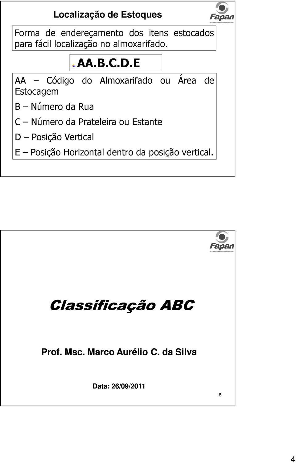 E AA Código do Almoxarifado ou Área de Estocagem B Número da Rua C Número da Prateleira