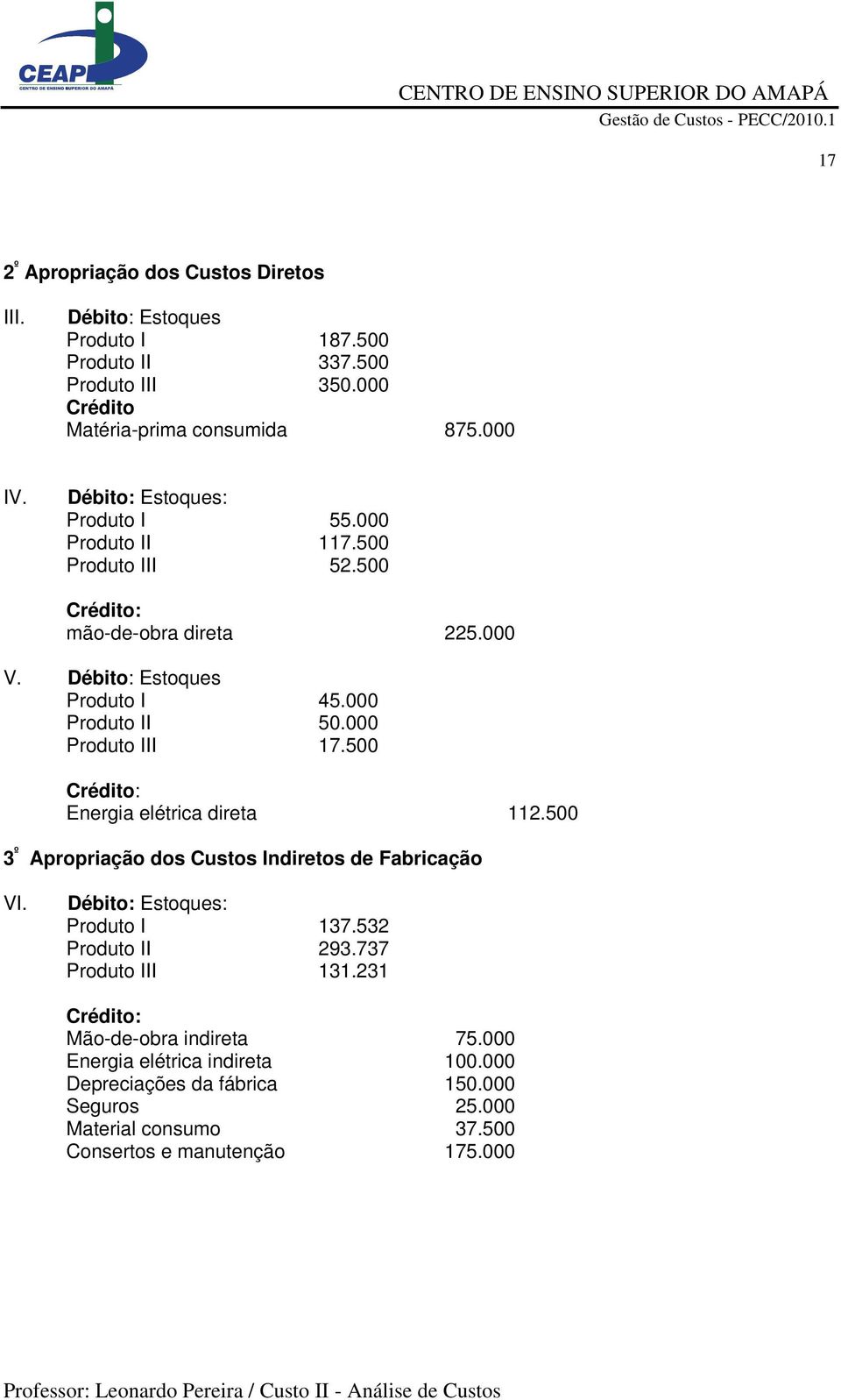 000 Produto III 17.500 Crédito: Energia elétrica direta 112.500 3 º Apropriação dos Custos Indiretos de Fabricação VI. Débito: Estoques: Produto I 137.532 Produto II 293.