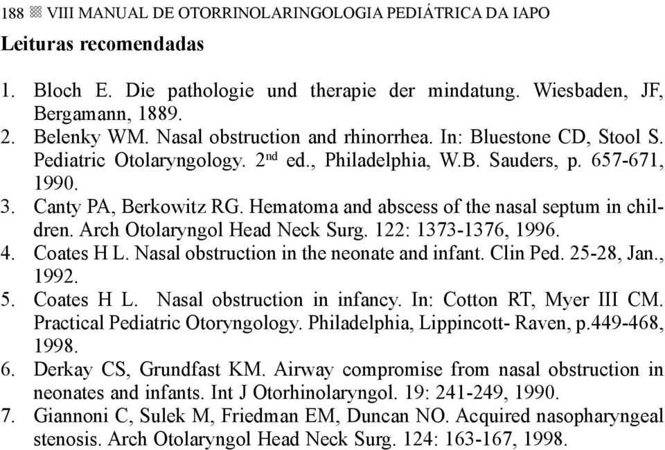 Hematoma and abscess of the nasal septum in children. Arch Otolaryngol Head Neck Surg. 122: 1373-1376, 1996. 4. Coates H L. Nasal obstruction in the neonate and infant. Clin Ped. 25-28, Jan., 1992. 5.