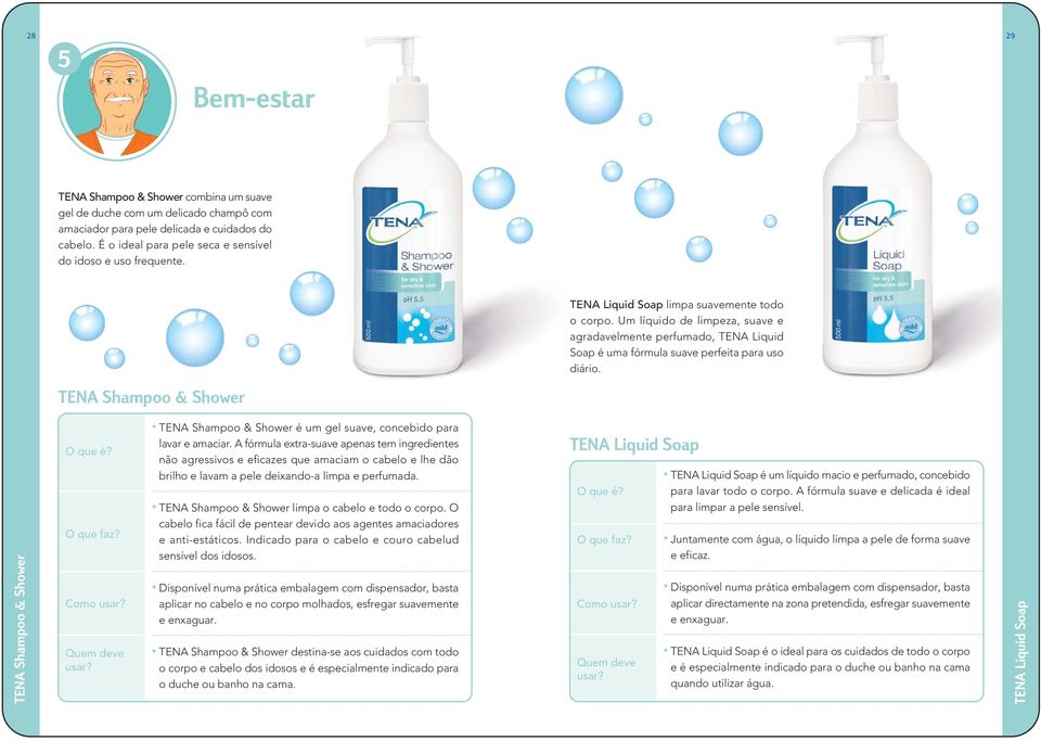 Um líquido de limpeza, suave e agradavelmente perfumado, TENA Liquid Soap é uma fórmula suave perfeita para uso diário. TENA Shampoo & Shower TENA Shampoo & Shower O que é? O que faz? Como usar?