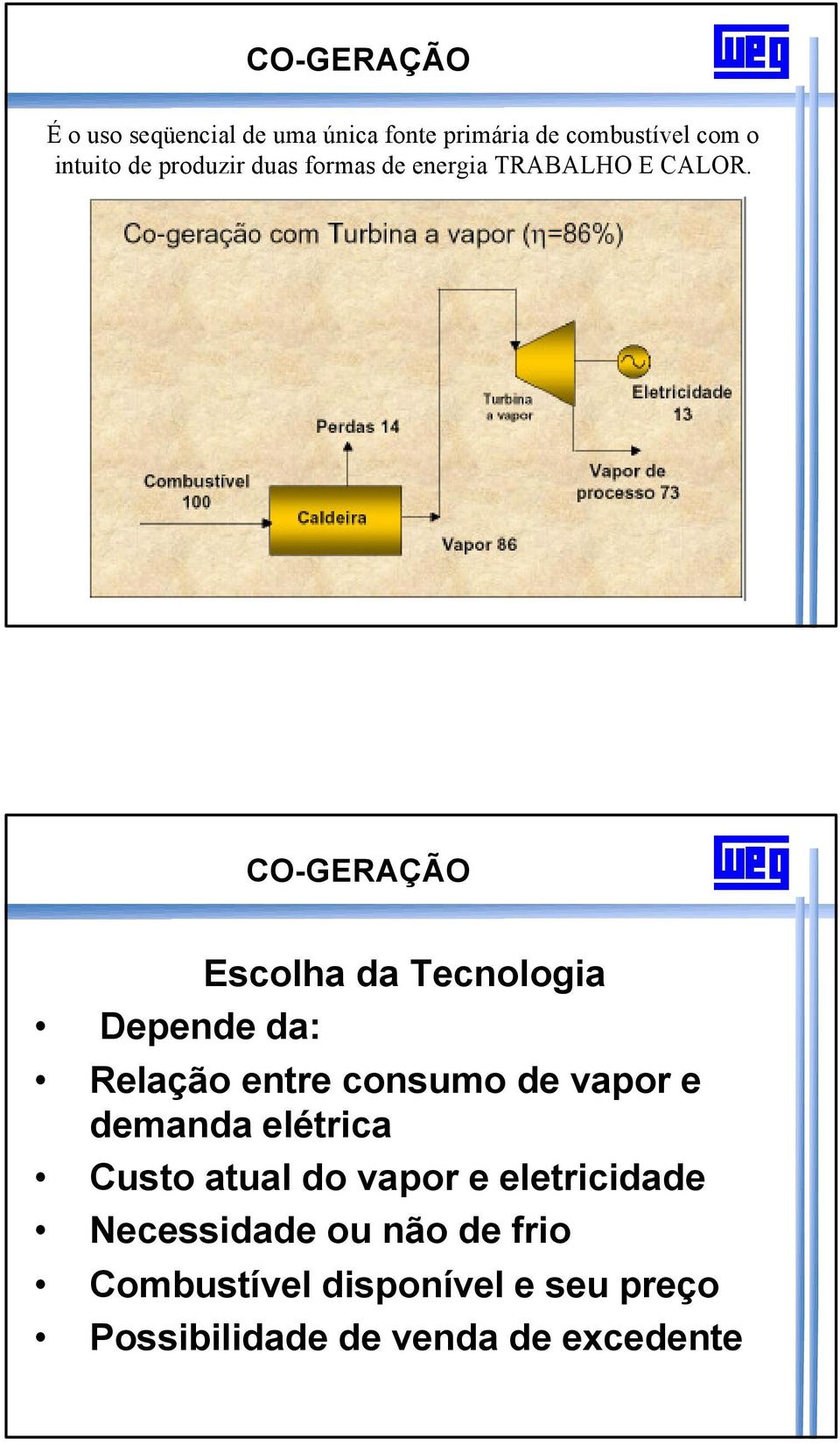 CO-GERAÇÃO Escolha da Tecnologia Depende da: Relação entre consumo de vapor e demanda