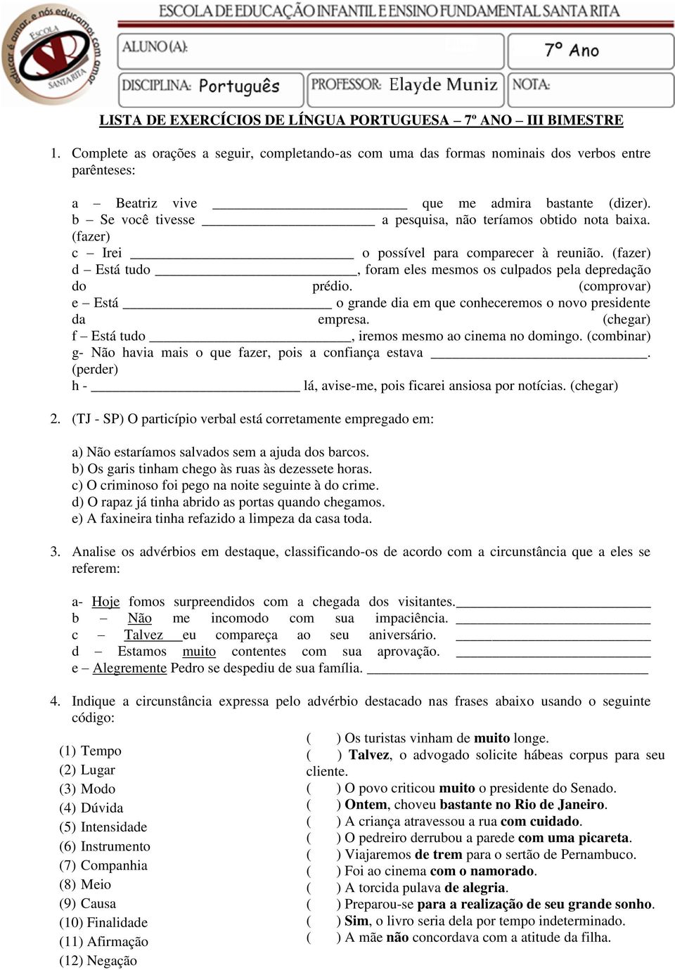 LISTA DE EXERCÍCIOS DE LÍNGUA PORTUGUESA 7º ANO III BIMESTRE - PDF Download  grátis