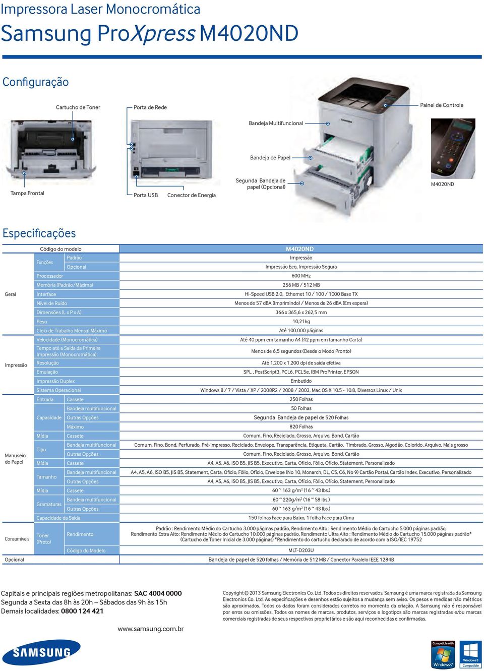 Ruído Dimensões (L x P x A) Peso Ciclo de Trabalho Mensal Máximo Velocidade (Monocromática) M4020ND Impressão Impressão Eco, Impressão Segura 600 MHz 256 MB / 512 MB Hi-Speed USB 2.