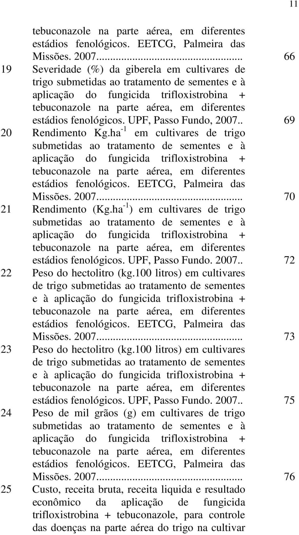 fenológicos. UPF, Passo Fundo, 2007.. 69 20 Rendimento Kg.ha -1 em cultivares de trigo submetidas ao tratamento de sementes e à aplicação do fungicida trifloxistrobina + .. 70 21 Rendimento (Kg.